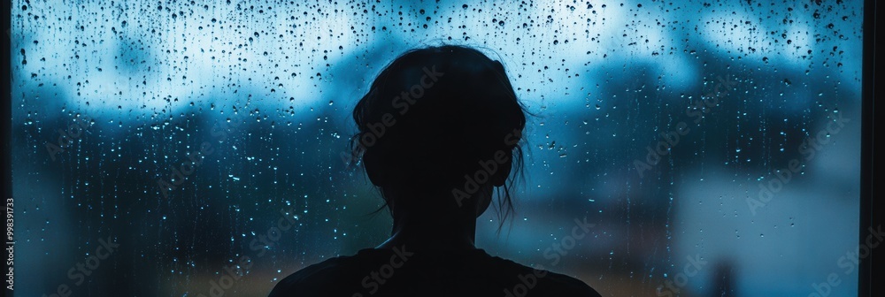 Poster a lone figure stands by a rain-covered window, reflecting on life as droplets trickle down the glass