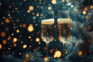 Sparkling champagne glasses with festive bokeh lights