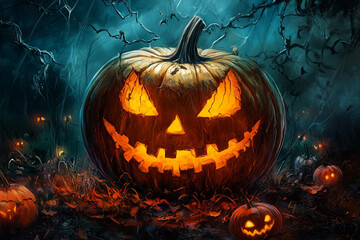 Fototapeta premium Frighteningly Delightful Halloween Pumpkin Glowing in the Dark With Bright, Spooky Faces, Set Amidst an Eerie Atmosphere Surrounded by Autumn Foliage