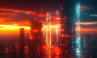 Obraz premium Futuristic Cityscape at Sunset with Holographic Elements