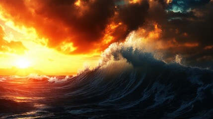 Fototapeta premium Dramatic ocean wave at sunset, illuminated by orange and blue clouds, capturing the beauty of nature.