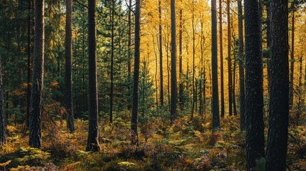 Picture a pine forest in early autumn, with the leaves starting to change color.