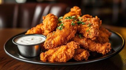Picture a plate of fried chicken strips, each piece coated in a spicy Cajun seasoning.