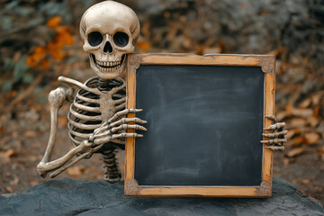 A Whimsical Skeleton Holding a Blank Chalkboard in an Autumnal Outdoor Setting Perfect for Halloween Storytelling