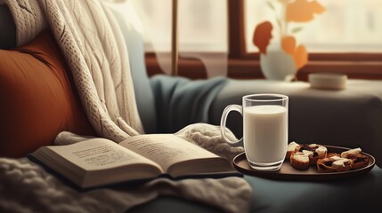 Picture a relaxing afternoon scene with a person enjoying a glass of milk on a comfortable couch.