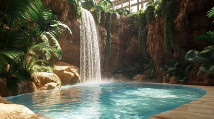 Naklejka premium view of the waterfall in the pool in 3D . AI generated illustration
