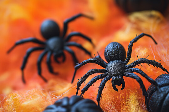Spooky Black Spiders Creeping on Colorful Halloween Decorations With Plenty of Copy Space for Your Festive Messages