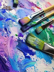 Fototapeta premium Brightly colored paints and brushes rest on a textured canvas, showcasing bold abstract art in progress, highlighting creativity. Generative AI