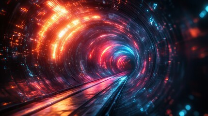 Fototapeta premium A 3D futuristic scene with high-speed motion blur and light ray acceleration portrays a science fiction wormhole effect for background design.