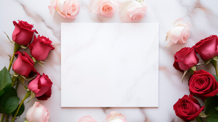 Red and pastel pink roses beautifully arranged around blank card mockup. White marble surface. Valentines day template advertising image. Love notes mock up product photorealistic