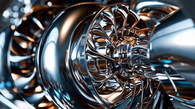Powerful turbine engine is rotating with shiny chrome blades, showcasing the intricate details and precision engineering of modern machinery