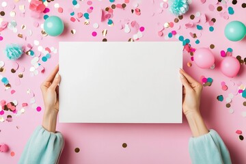 Stylish hands holding a blank sign surrounded by colorful decorations. Perfect for invitations or announcements.