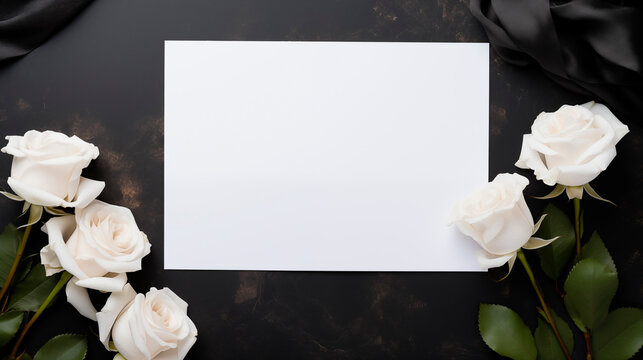 White roses and blank card mockup with black ribbon on dark marble. Funeral condolence obituary template advertising image. In loving memory. Sophisticated mock up product photorealistic