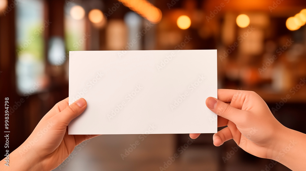 Wall mural two hands holding blank card mockup in warmly lit cafe with blurred backdrop. coffeeshop interior. b