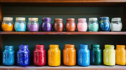Picture a set of paint jars with vivid colors arranged on a shelf
