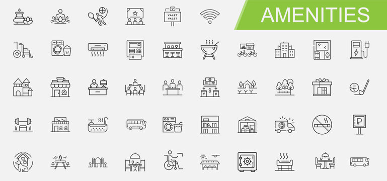 amenities facilities line drawing themed icon collection, hotels resorts hospitality establishments, privilege luxury convenience exclusivity