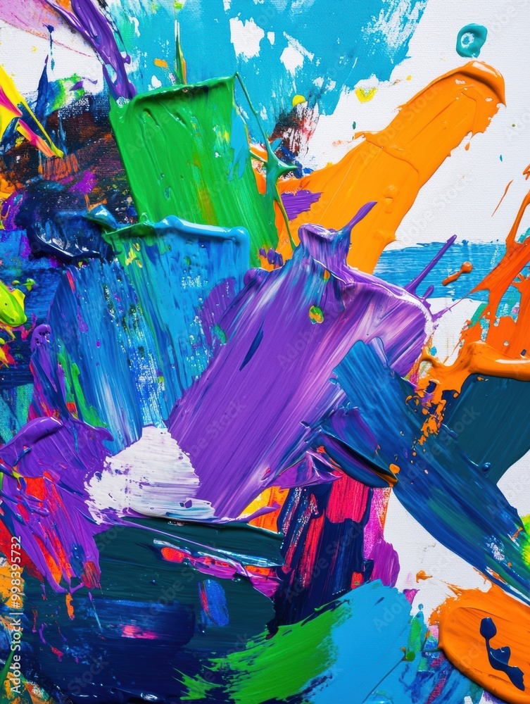 Aufkleber Bright splashes of color are arranged on a palette, while paintbrushes are set on a canvas featuring dynamic abstract brushstrokes. Generative AI