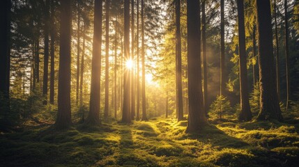 Fototapeta premium Picture a sunlit pine forest with golden rays streaming through the tall, slender trunks.