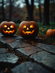 A glowing jack-o’-lantern in a misty, twilight forest setting.