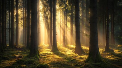 Obraz premium Sunbeams break through the canopy of a dense forest, illuminating the mossy forest floor.