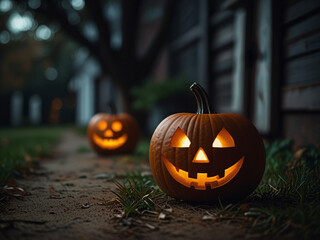 A glowing jack-o’-lantern in a misty, twilight forest setting.