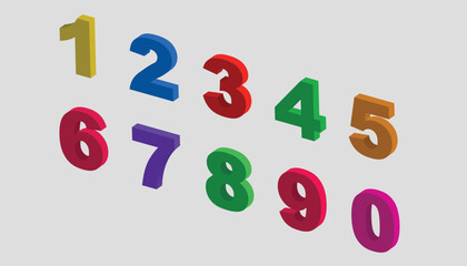 Colorful 1 to 10 3d numbers vector set isolated on gray background, 3d mathematical numbers set and symbols. 1 to 10 vector alphabets