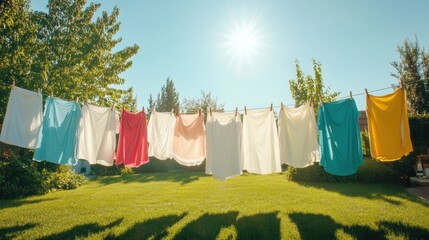 Clothes of various colors and white sheets hang on a clothesline, swaying gently in the warm breeze of a sunny garden setting. Generative AI