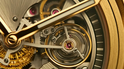 A close-up of a luxury watch mechanism, showcasing intricate gears and a gold-toned tourbillon, emphasizing craftsmanship and precision in timekeeping.