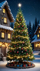 Obraz premium New Year tree. winter landscape for winter and New Year holidays. Festive winter landscape. poster, banner, flyer, background