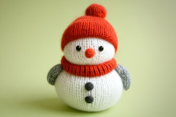 Handmade knitted snowman toy on green background