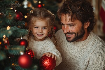 Portrait of a father and daughter decorating a Christmas tree. Christmas concept. Happy family decorating christmas tree