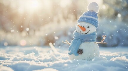 Cute snowman with blue scarf and hat sitting in snowy field, soft blurred background,perfect for Christmas and seasonal designs, holiday cards, and winter-themed marketing materials.
