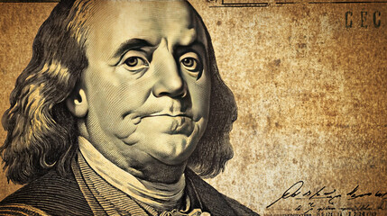 Detailed macro shot of an old US $100 dollar bill featuring Ben Franklin's face, showcasing grunge texture and high resolution for collectors and currency enthusiasts