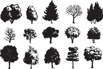 Silhouette tree set. Side view, set of graphic trees elements outline symbol for architecture and landscape design drawing. Hand drawn vector illustration