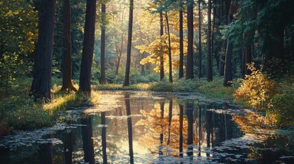 Sunbeams illuminate a forest path and pond with reflections of trees.