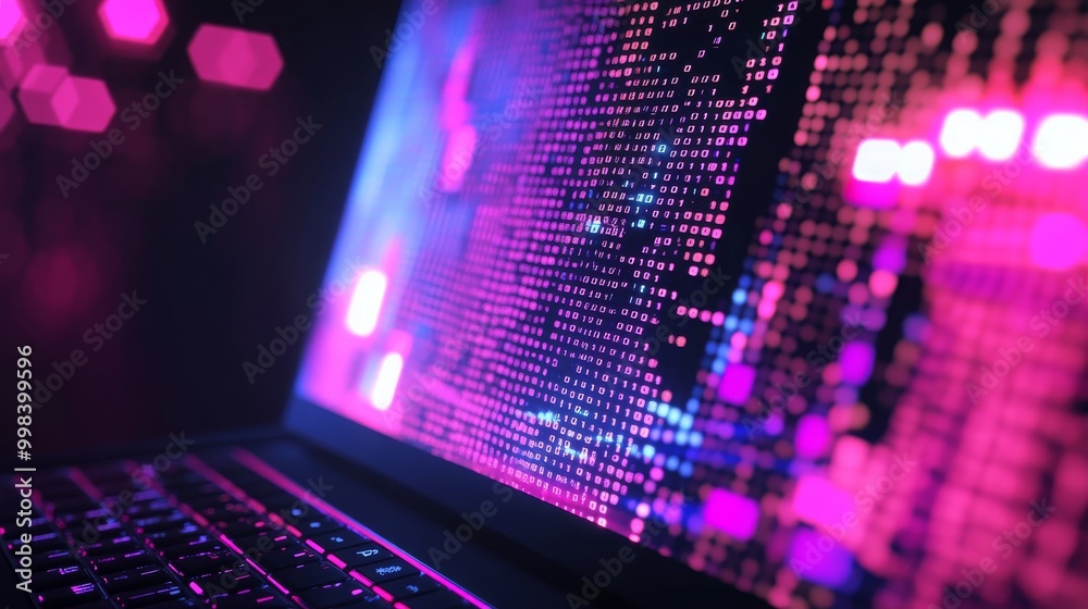 Poster futuristic low-poly style laptop screen with abstract programming code, showcasing digital developme