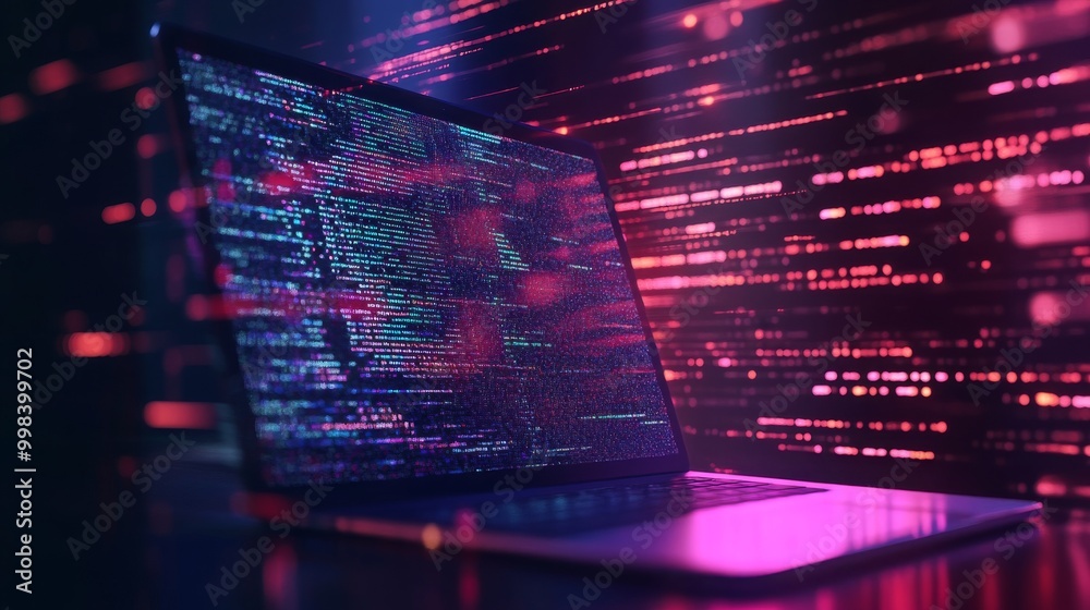 Poster futuristic low-poly style laptop screen with abstract programming code, showcasing digital developme