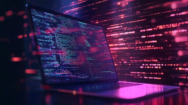 Futuristic low-poly style laptop screen with abstract programming code, showcasing digital development. 