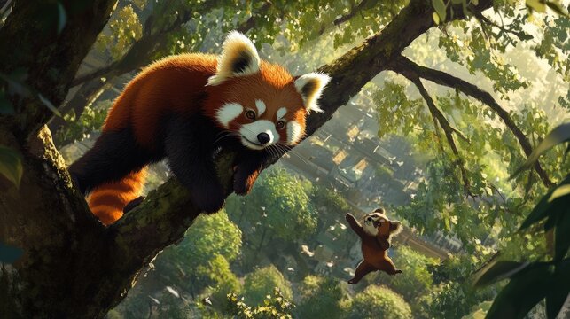 Red Panda Exhibit: Create a charming scene of red pandas climbing trees and playing, delighting visitors with their cuteness.