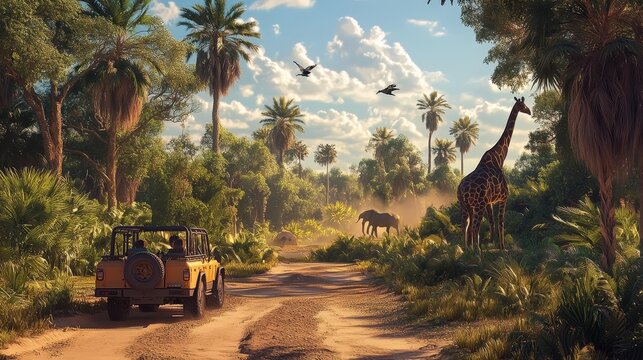 Fototapeta Safari Tour: Create a scene of a safari tour within the zoo, with visitors riding in open vehicles, observing exotic animals in naturalistic settings.