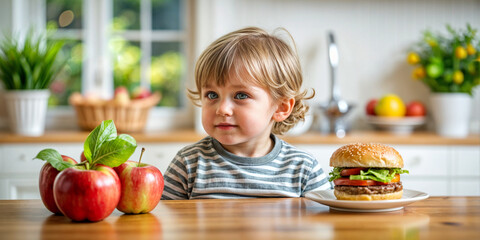 Fototapeta premium There is a plate of vegetable salad in one hand and a burger in the other. Healthy natural organic fresh vegetarian food vs unhealthy processed fast food. Lunch or snack decision