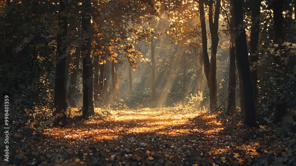 Wall mural sunbeams illuminate a path through a dense forest, creating a magical scene. the forest floor is cov