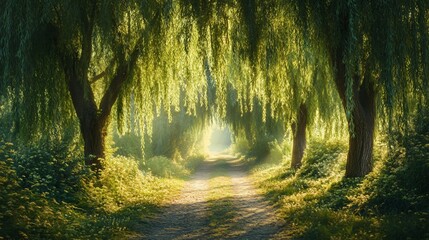Obraz premium Sunbeams illuminate a path through a canopy of willow trees.
