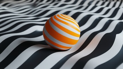 Fototapeta premium Orange-striped ball on black and white wavy ground. 