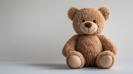 Obraz premium A light brown teddy bear sits on a light surface.
