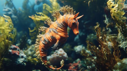 Sea Horse Camouflage: Create an image of a sea horse expertly camouflaged among seaweed and coral, blending seamlessly with its environment.
