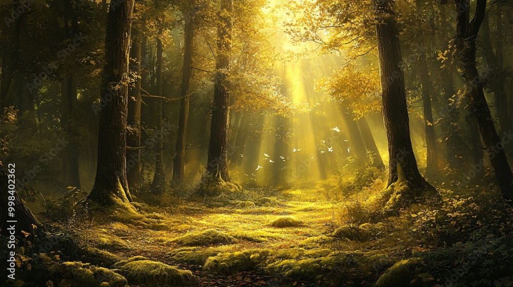 Wall mural sunbeams illuminate a path through a mossy forest, creating a magical atmosphere.