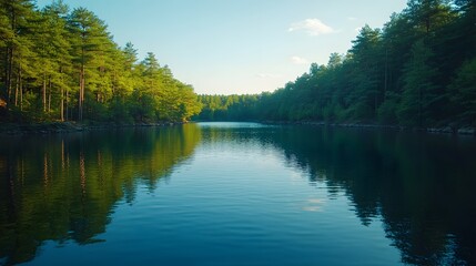 Obraz premium In the morning light a serene landscape unfolds, where the tranquil lake reflects the majestic mountains and their enchanting surroundings, creating a scene that feels both timeless and magical