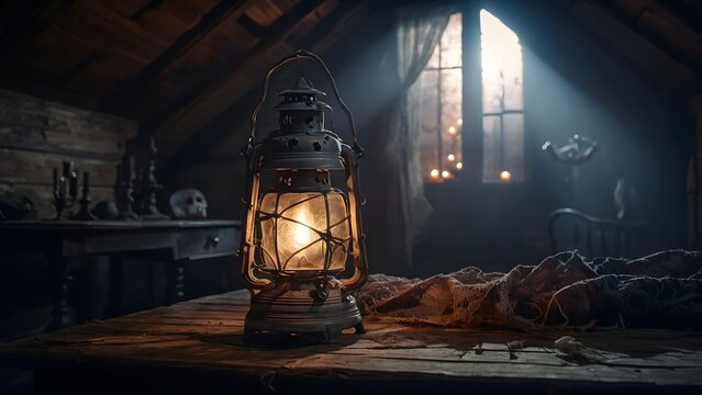 A Vintage Lantern Illuminates a Dusty Attic Filled With Old Furniture and Cobwebs During a Quiet Evening Glow