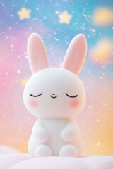 Fototapeta premium Cute white rabbit with eyes closed with gradient pastel starry background